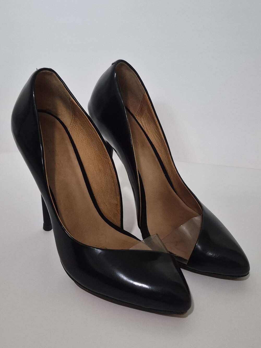 L.A.M.B. - Harlie Black Leather Pumps With Clear Bias Detail